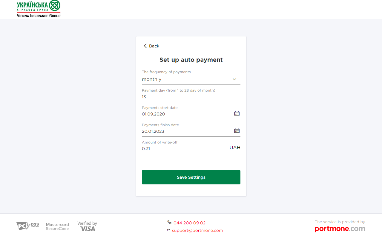 An example of displaying automatic payment parameters with editing