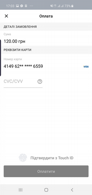 An example of displaying screen of making payment using token/ payment with Touch ID (without branding)