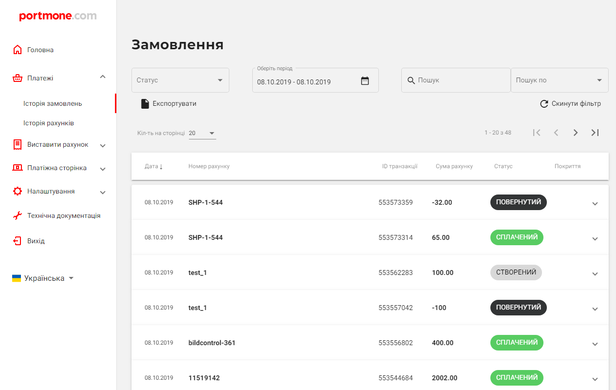 Приклад сторінки з випискою у Особистому кабінеті